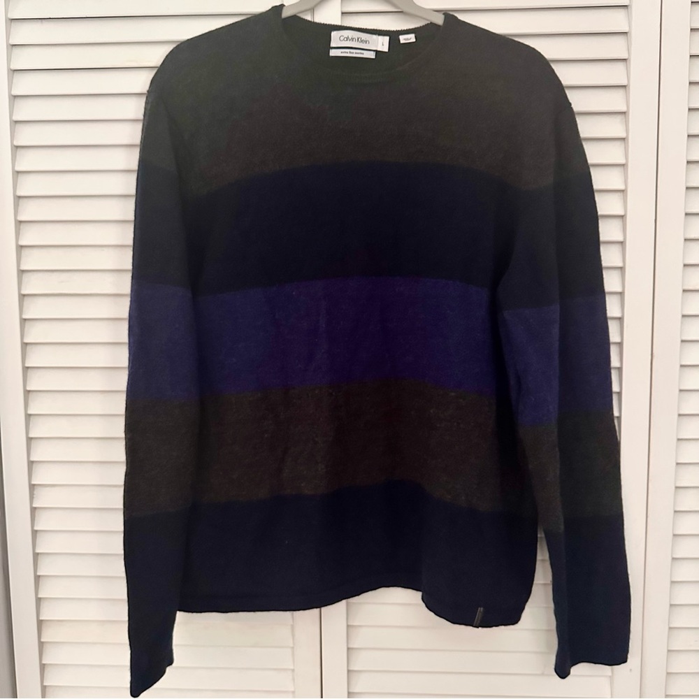 Calvin Klein Men's Merino Wool Striped Crewneck Sweater - Large